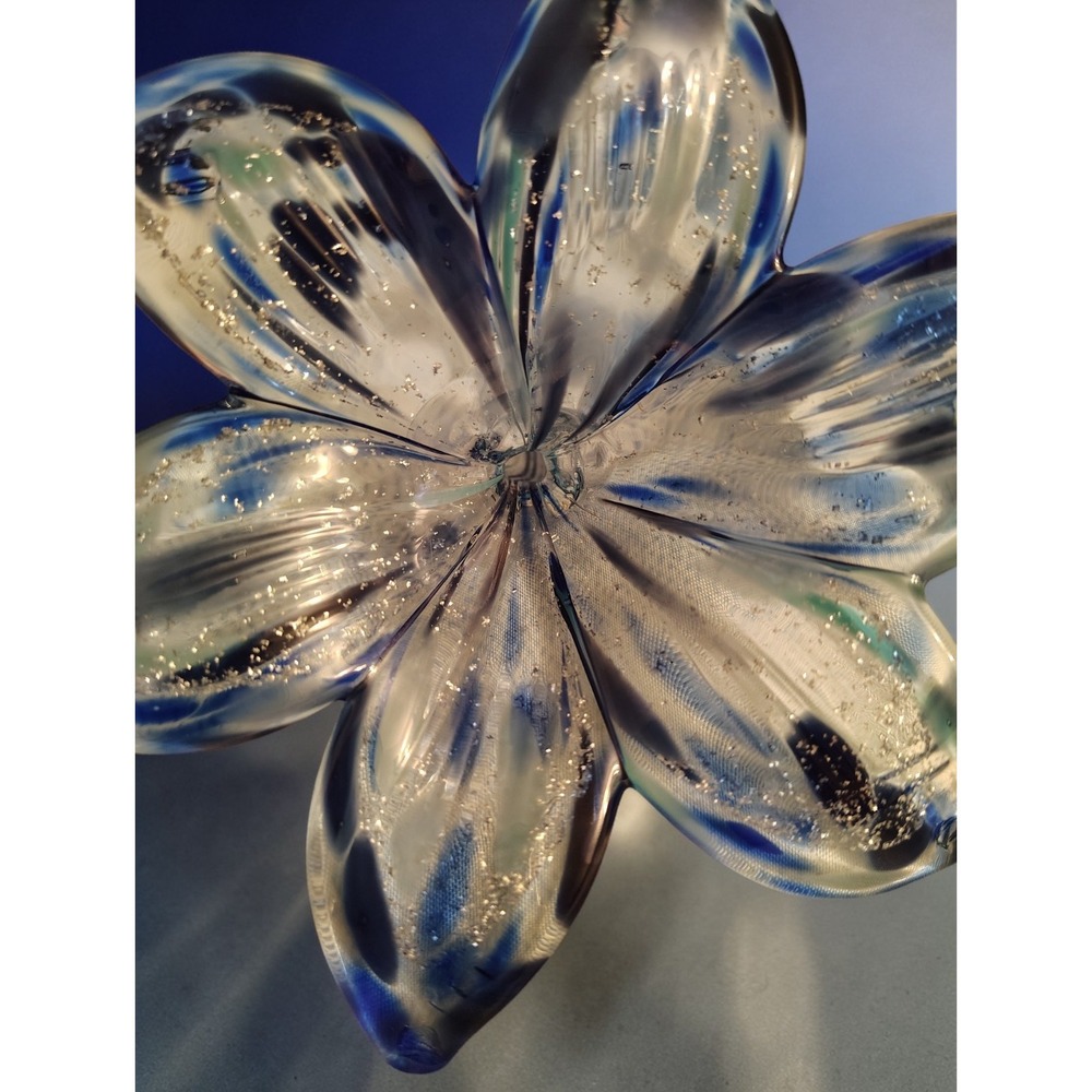 Hand Blown Blue Art Glass Flower Sculpture Murano Style Lily w Curled Stem